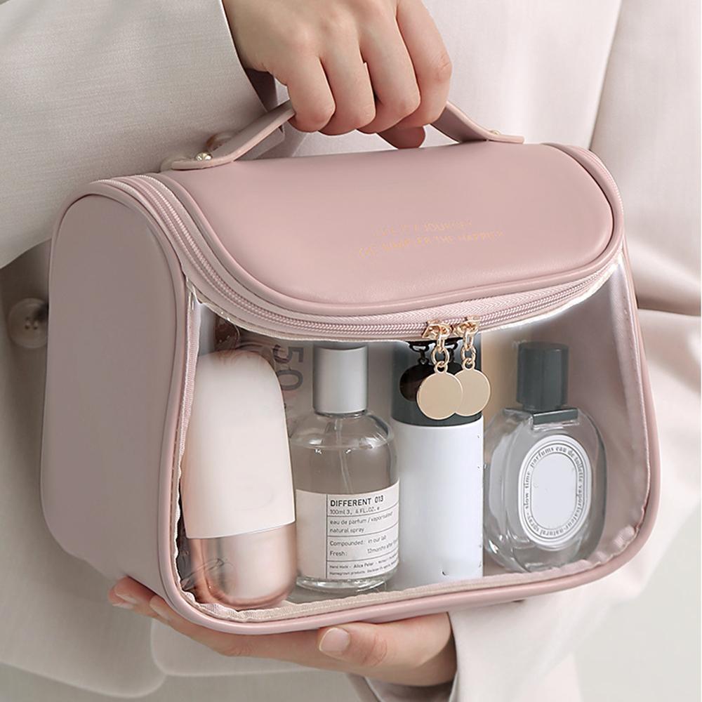 HK8297 Waterproof Clear Design Makeup Bag Large Capacity Cosmetic Bag PU Leather+PVC Travel Toiletry Organizer with Portable Handle Strap
