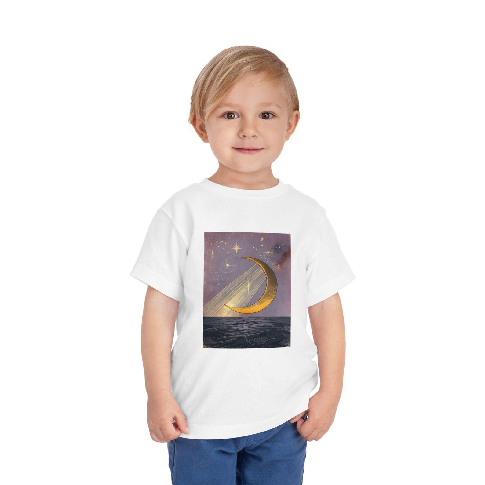 Golden Crescent Moon Sailboat Toddler Tee | Night Sky Stars 110
