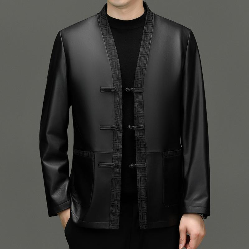Men's new first-layer sheepskin Tang suit disc-buckled leather jacket jacket top men's trendy men's clothing