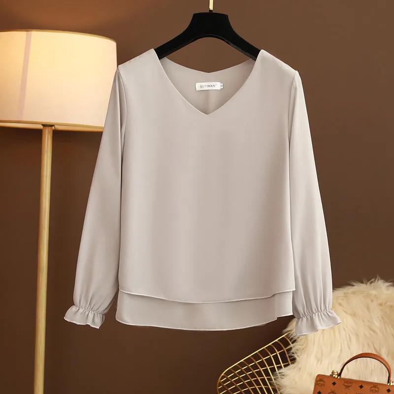 

Women s Spring Big Yards Pure Color Temperament Chiffon Shirt Long-sleeved Loose V-neck Blouse XXS сірий