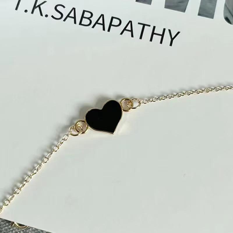 Colorful Enamel Heart Charm Bracelet, Dainty Gold/Silver Plated Wristband for Women Gold and black heart