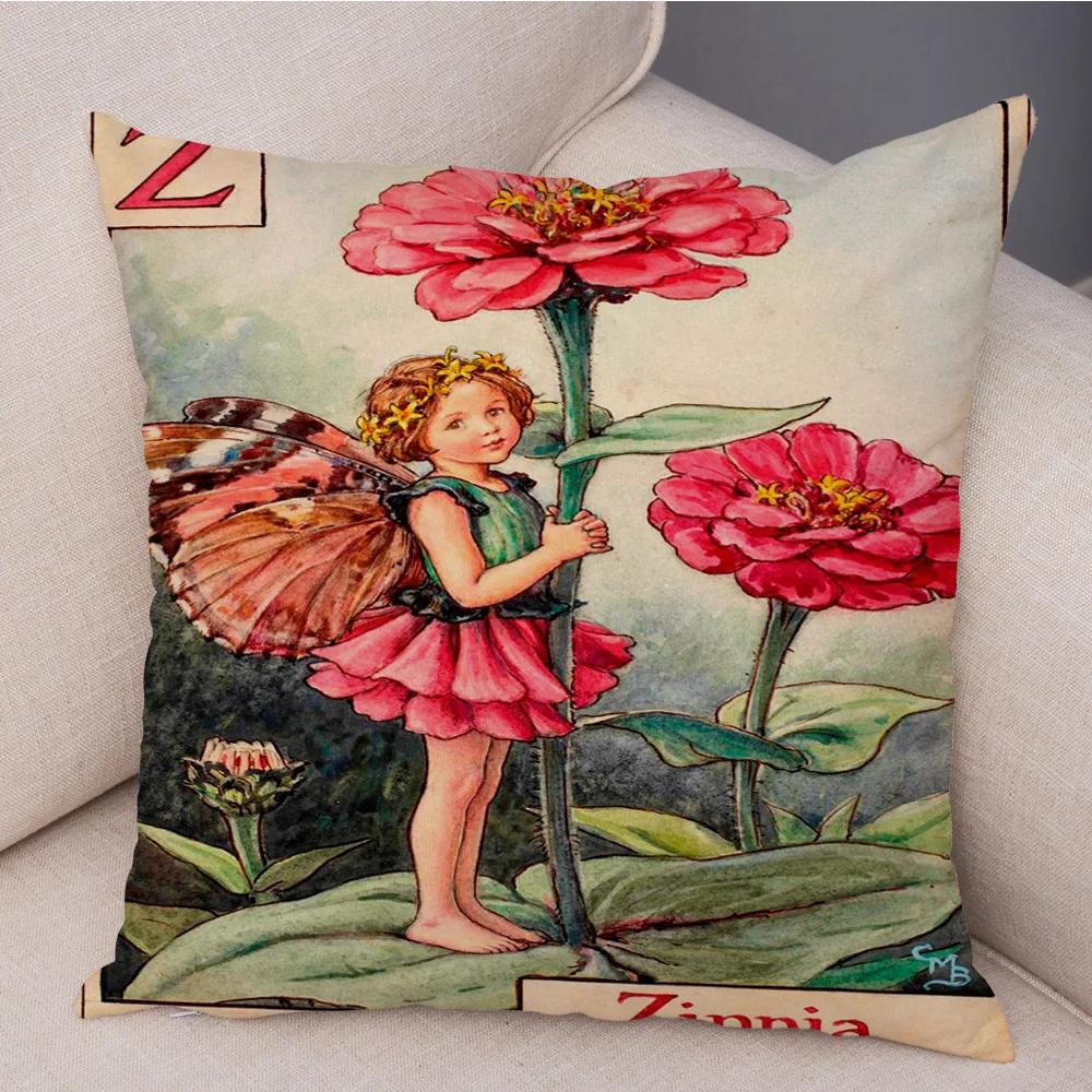 Vintage Floral Girl Pillowcase Decor Cute Cartoon Flower Elf Fairy Tale for Sofa Home Pillow Case Soft Plush Cushion Cover