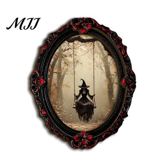 Small Halloween Scene Props Magnetic Fridge Magnet, Ghost Witch Photo Frame, Wooden Metal Cabinet Seasonal Ornaments Frame Decoration, Vintage