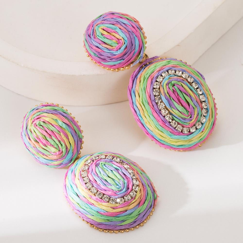 Bohemian Handcrafted Geometric Raffia Earrings with Colorful Inlaid Diamonds