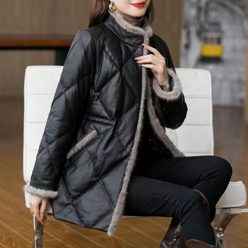 Women Winter Medium Long Stitching Leather Coat Stand-up Imitation Mink Fur Collar Cotton-Padded Jacket Temperament Warm Overcoat