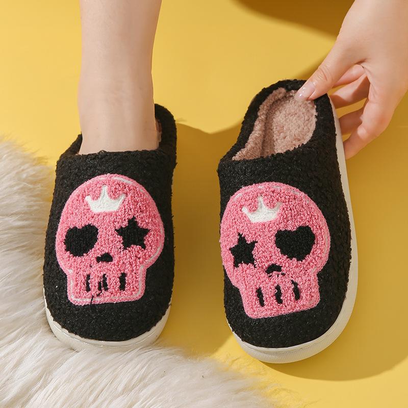 Winter Skull Print Halloween Plush Lined Warm Bag Toe Shoes Plush Home Indoor Cotton Slippers