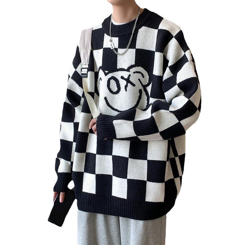 Men’s Loose Checkerboard Round Neck Knitted Sweater: Versatile, Long-Sleeved, Casual Pullover for a Fashion-Forward Look