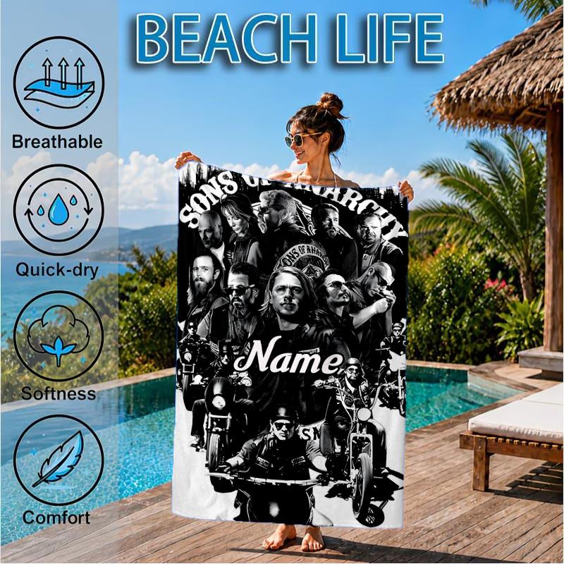 Custom Name Group Portrait Sons Heart In Space Adventure Microfiber Beach Towel, Lightweight for Summer Travel, Swimming Pool Fan Gift