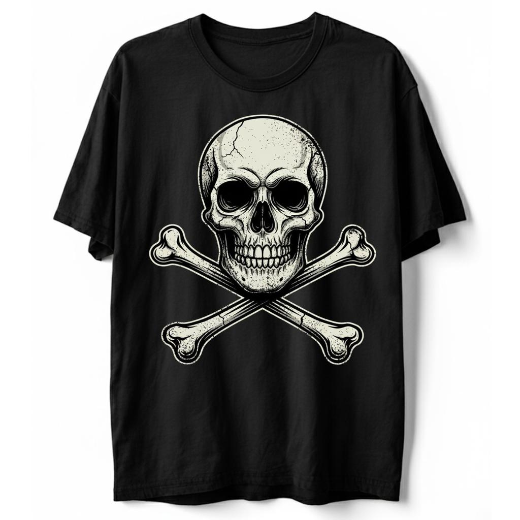Distressed Skull and Crossbones T-Shirt Gothic Jolly Roger Pirate Biker Tee
