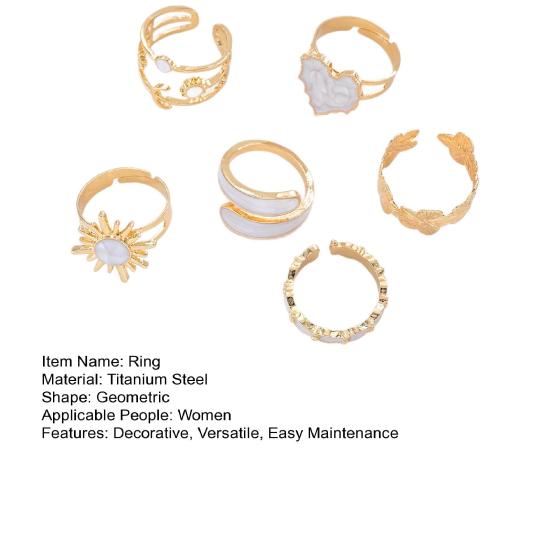 6Pcs Titanium Steel Statement Rings Open Adjustable Flower Heart Sun Designs Minimalist Unique Jewelry for Women Rust-Proof Hypoallergenic Gift for
