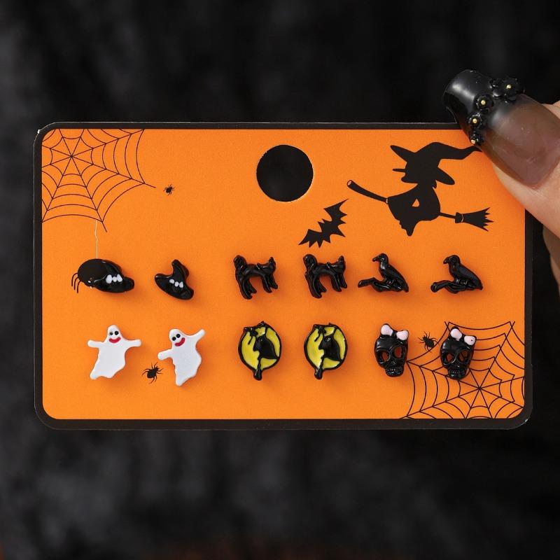 Hot Sale Halloween Stud Earrings Combination Cartoon Funny Pumpkin Head Ghost Bat Element Stud Earrings Set