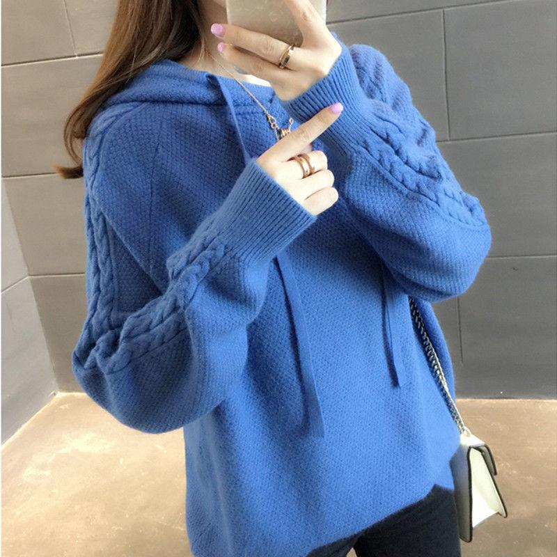 Svetr s kapucí Dámské Podzim/Zima Nový korejský svetr s volným rukávem Pevný Univerzální pletený svetr Dámský