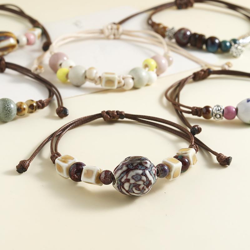 Ceramic Bracelet  A Stylish, Vintage Ethnic-style Handmade Woven Bracelet with String Beads.
