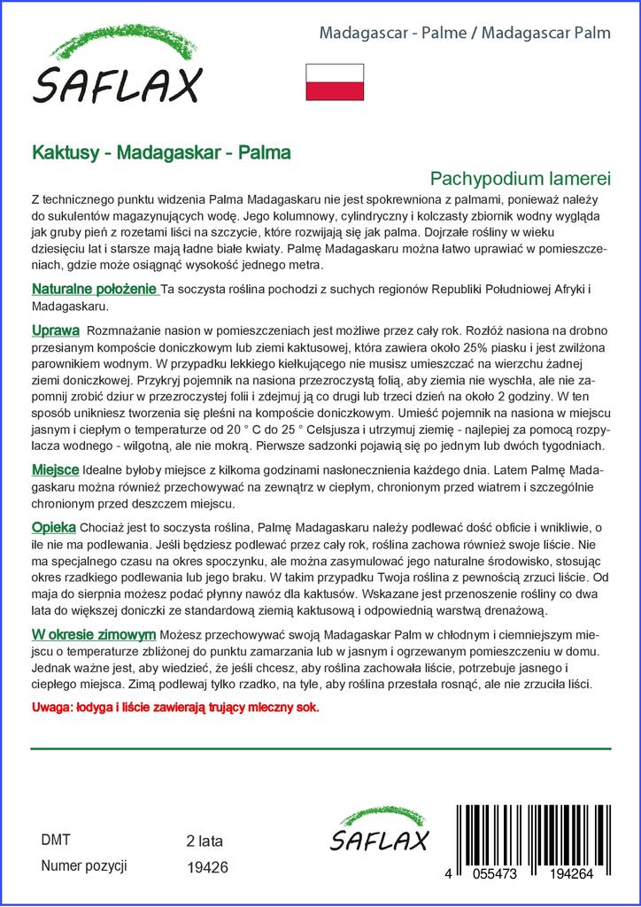 SAFLAX Garden In the Bag - Madagascar Palm - 10 Seeds - With Substrate In a Fitting Stand Up Bag - Pachypodium Lamerei