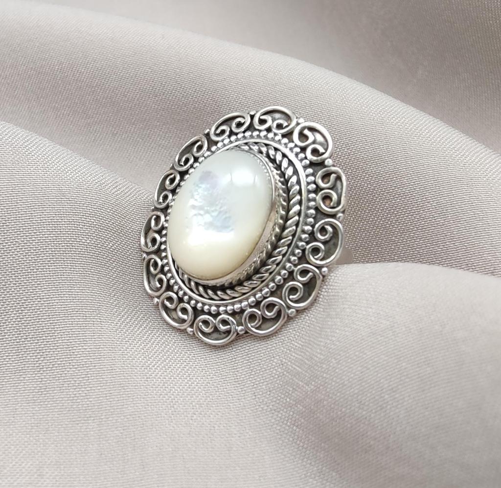 Mother of Pearl 925 Sterling Silver Ring: Handmade Boho Statement Jewelry