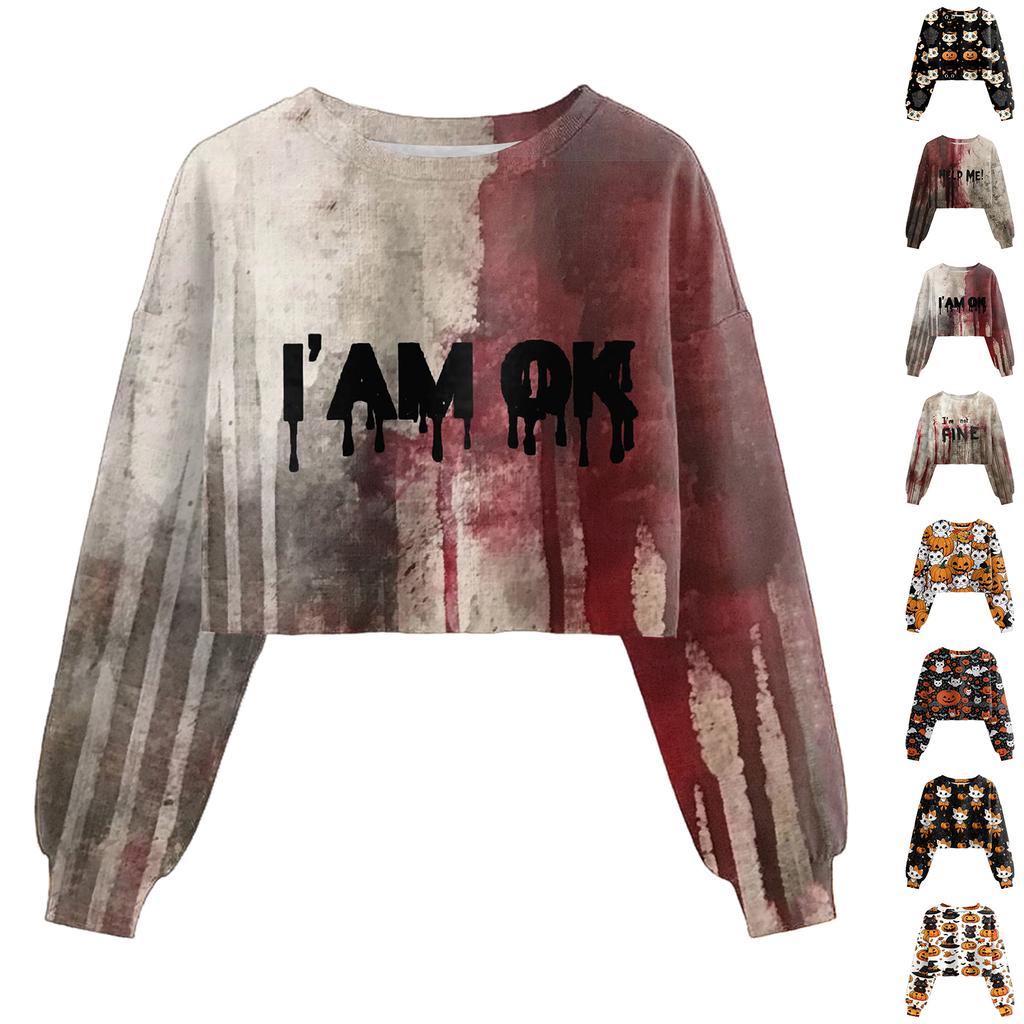 Women's Fashion Halloween Printed Navel-Exposed Long Sleeve Pullover Sweatshirt