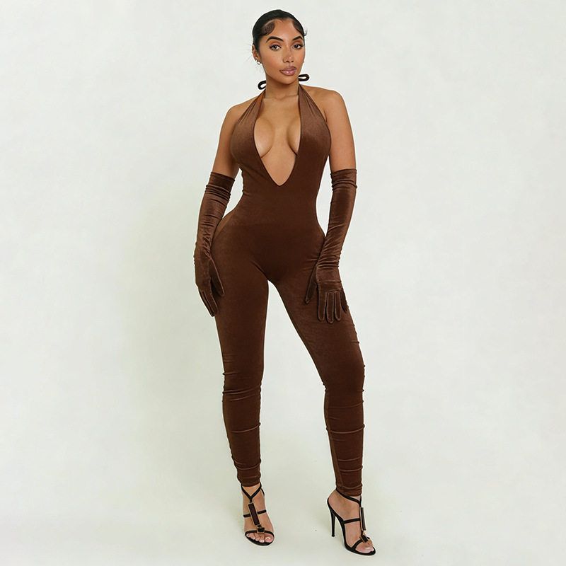 J25Jp466 European and American New Cross-Border Women s Fashion Sexy Solid Color Elegant Halter Neck Slim Fit Deep V-Neck Backless Jumpsuit Brown S