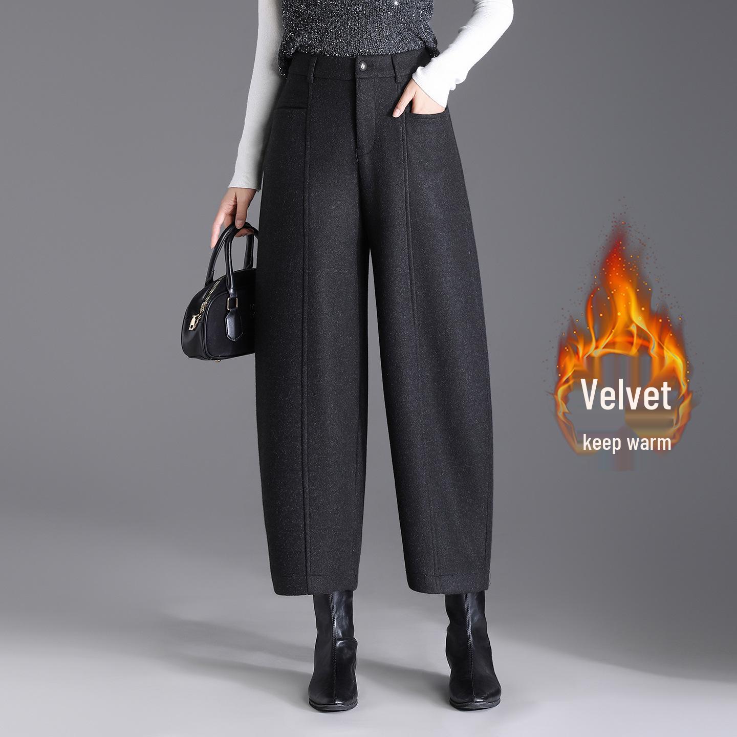 

Women s Woolen High-Waisted Wide-Leg Pants - Winter 2025, Slimming Loose Fit with Plus Velvet, Cropped Style. L темно-серого