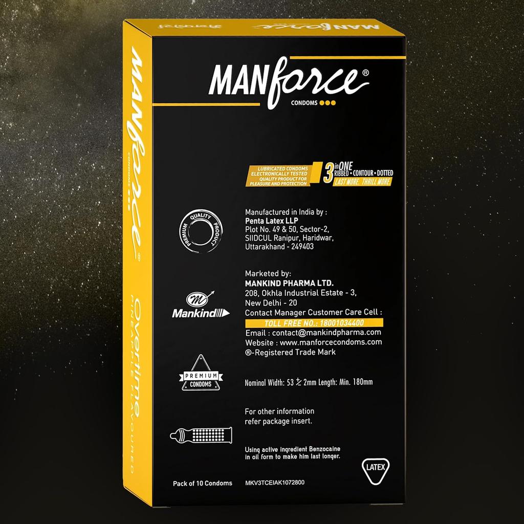 Manforce Overtime Pineapple Flavoured Condoms for Men | 10 pcs | Dotted, Contoured & Ribbed Condoms | For Long-Lasting Pleasure Of Both
