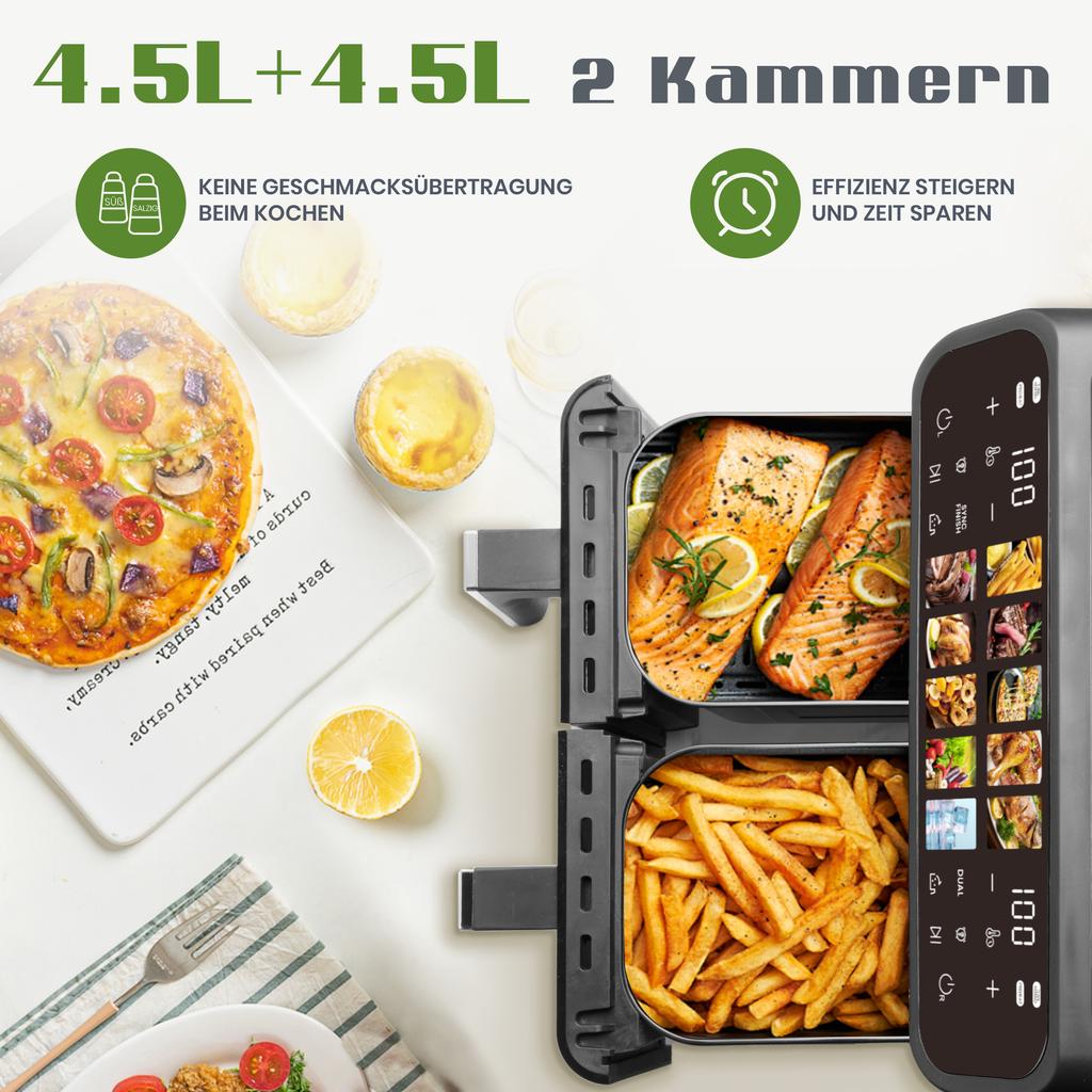 Friggitrice ad Aria 9L XXL con Doppia Camera, Friggitrice con Display LED, Tempo e Temperatura Regolabili 80-200 gradi C per una Cottura Facile