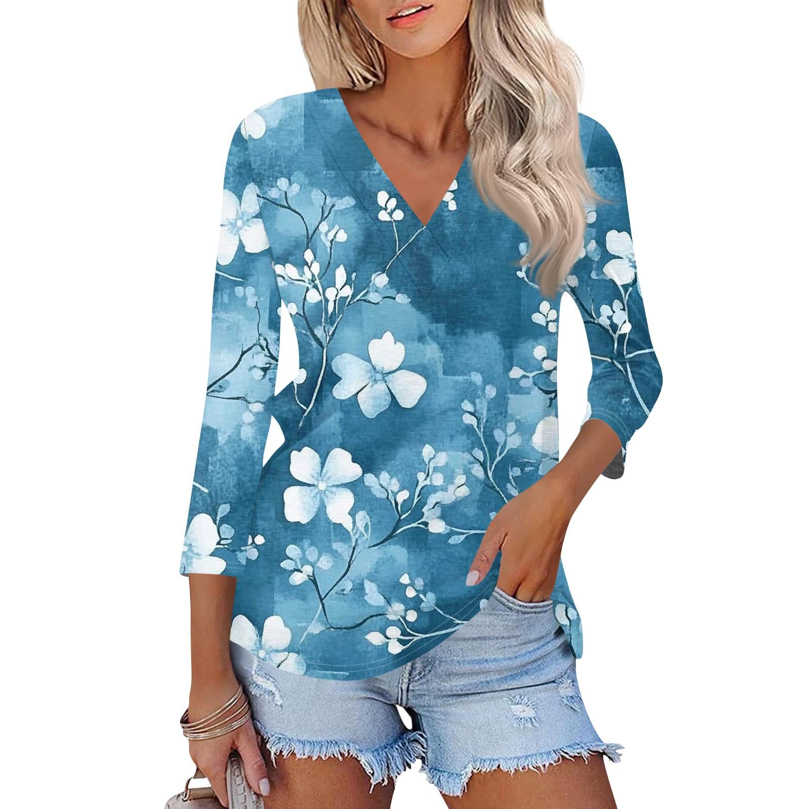 

Женские топы с рукавами 3/4 и V-образным вырезом, повседневные туники, базовые рубашки, блузки свободного кроя XXL синий