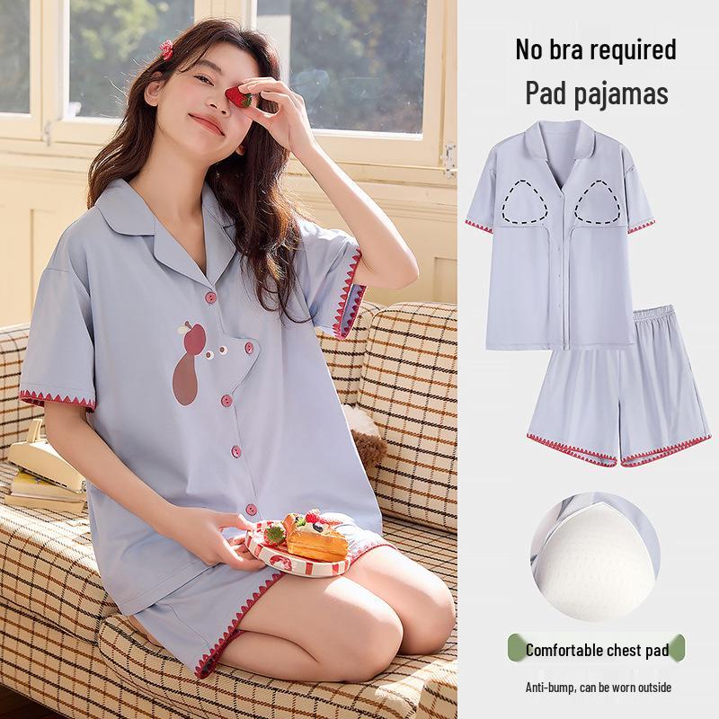 

Women s Summer Cotton Pajama Set: Built-in Bra, Short Sleeve & Pants, Loose Cardigan, Sweet Style Home Wear Large