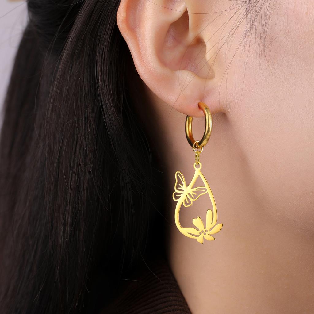 Teamer Butterfly and Flower Waterdrop Pendant Earrings Women Girls Stainless Steel Gold Color Hoop Earring Bohemian Jewelry Gift