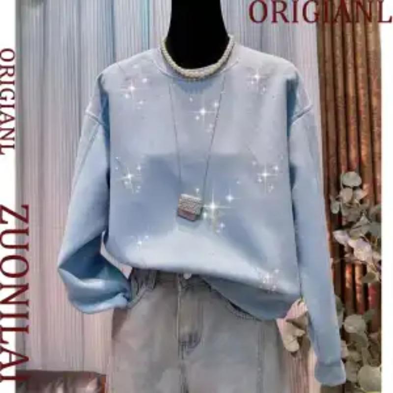 Hot Diamond T-shirt Korean Style Fashionable Loose Round Neck Sweatshirt for Women Autumn and Winter New Long-sleeved Top