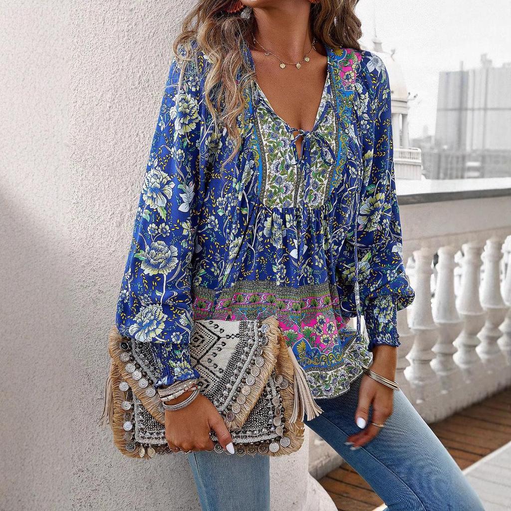 2025 Bohemian V-Neck Lace-Up Long-Sleeve Loose Fit Top for Women
