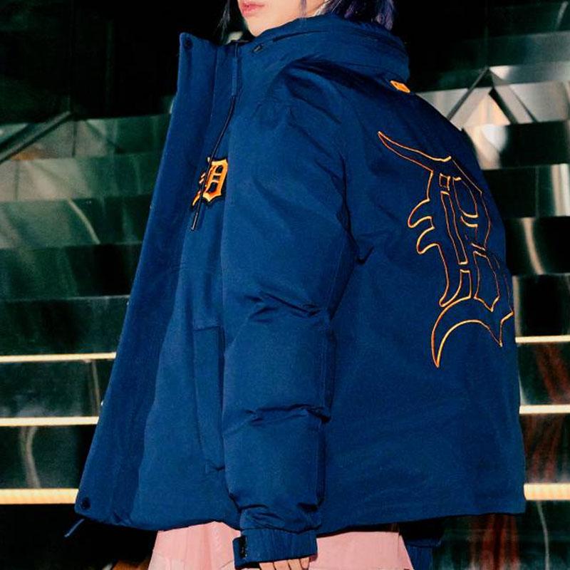 MLB Logo Bear Print High Neck Pullover Down Jacket Short Unisex Jacket Navy-Blue 3ADJB1126-46NYD