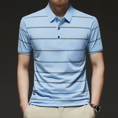 Eisseide Kurzarm T-Shirt Herren Mittellapellkragen Gestreift Bedruckt Dünn Hochelastisch Poloshirt Herren