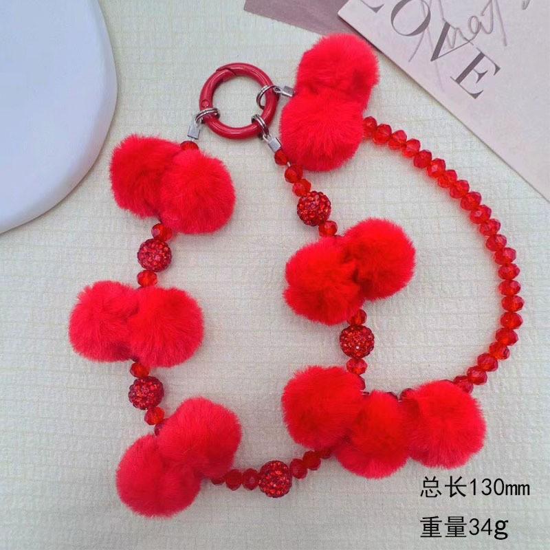 

New Style Pom Pom Beaded Phone Chain Crystal Beads Pendant High-end Autumn Winter Pom Pom Double Chain Wrist Hanging Rope Red】Fur Ball Crystal Be