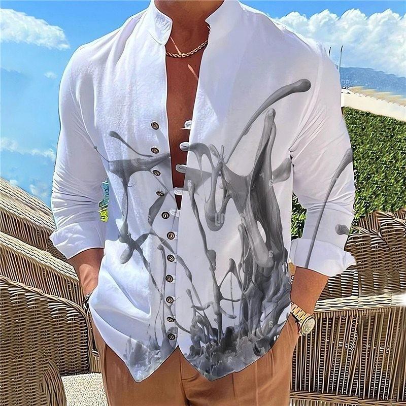 Herren Vintage Segelboot Print Stehkragen Langarmhemd