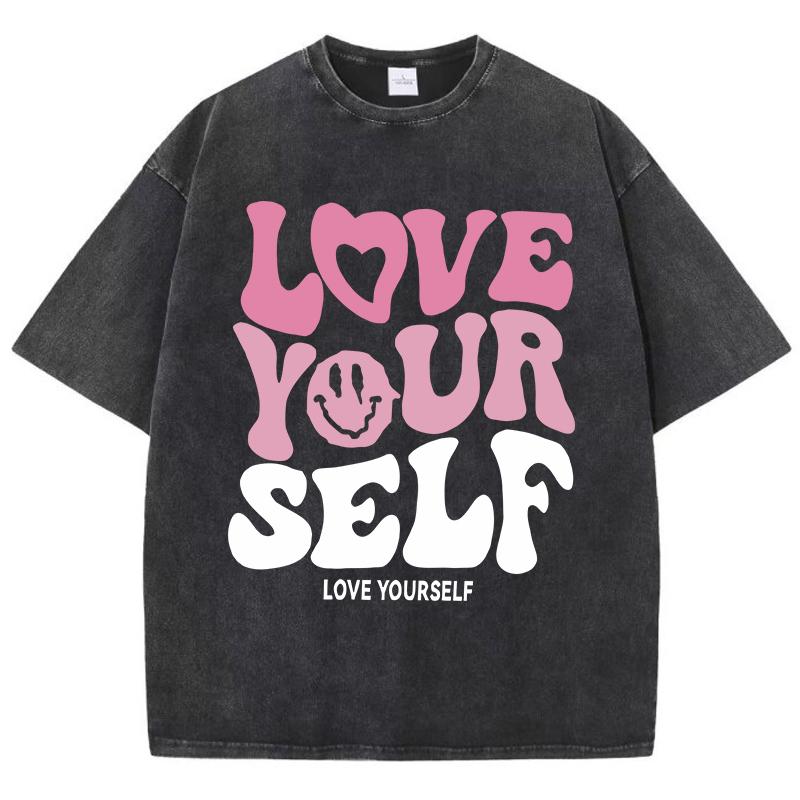 

Трендовые свободные футболки с потертостями, принт с надписью Love Your Self , мужская/женская, стираный хлопок, унисекс S