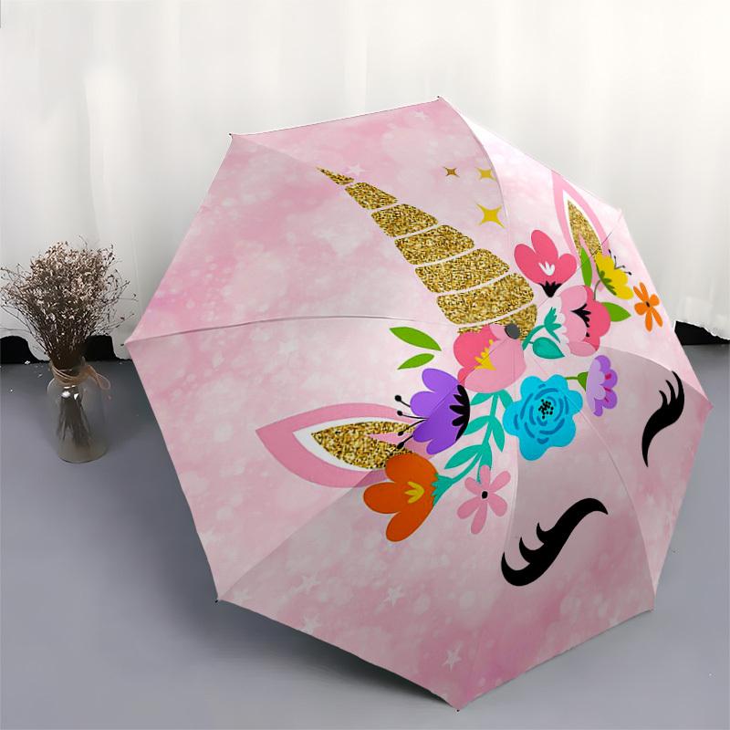 1 Stück Einhorn Blumig Rosa Hintergrund Regenschirm mit Kunststoffgriff, Geeignet für Alle Jahreszeiten Zuhause Reise Outdoor RegenschirmDD1499