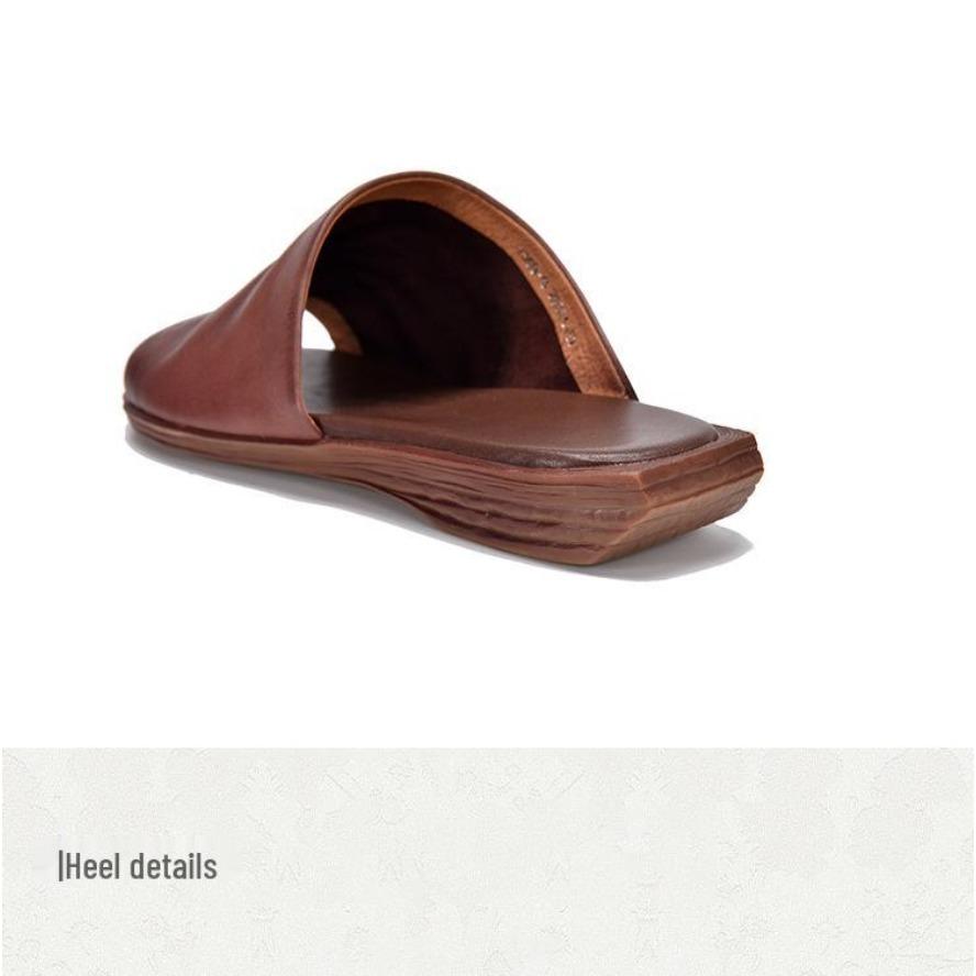 Women Retro Cowhide Flat Sandals Versatile Handmade Fish Mouth Slippers Casual Summer