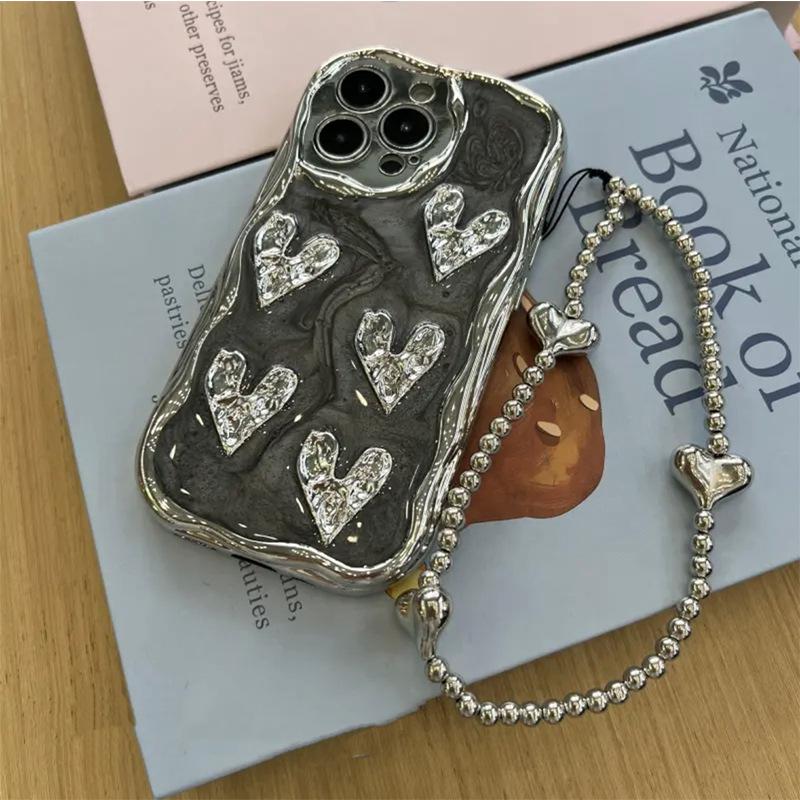 Electroplating Pleated Love Mobile Phone Case Is Suitable For Apple 17Promax Portable Rope Iphone16 Epoxy Silicone Anti-Drop.