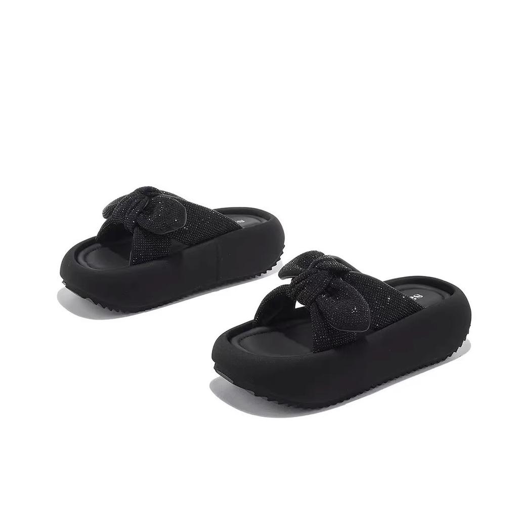 Rhinestone bow one-word drag women's summer new wear versatile sandals thick-bottomed beach slippers