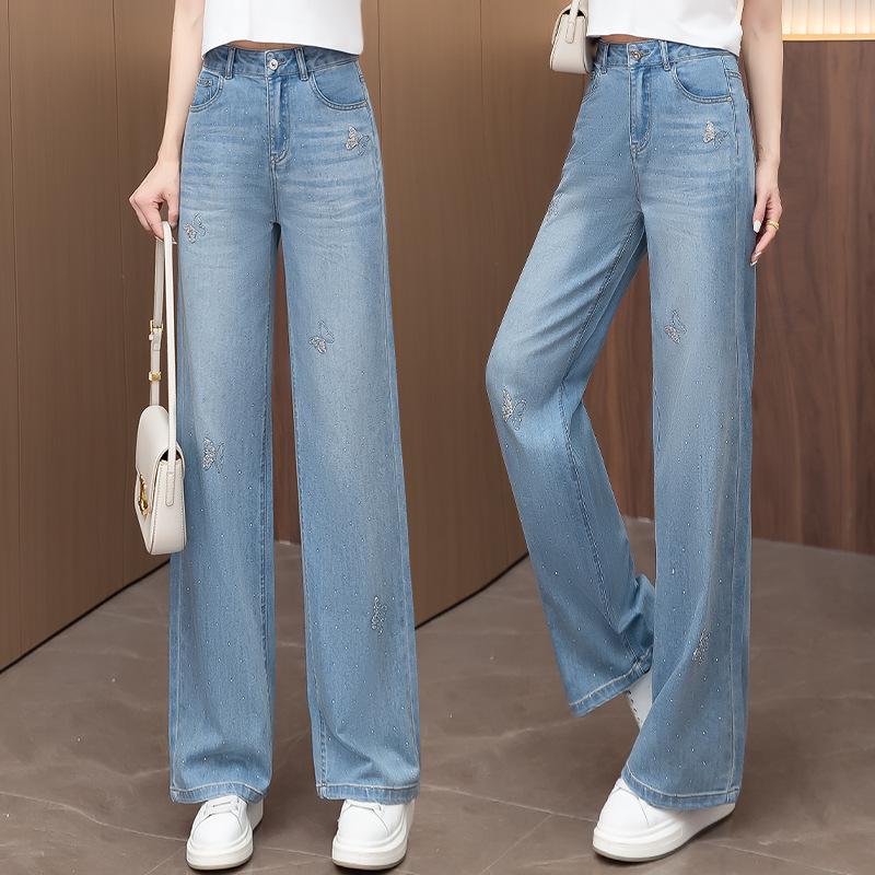 Women's Tencel Wide-Leg High-Waisted Jeans, Slimming Drape with Embroidery, Plus Size, Casual Straight Leg Pants for Spring/Summer 2026