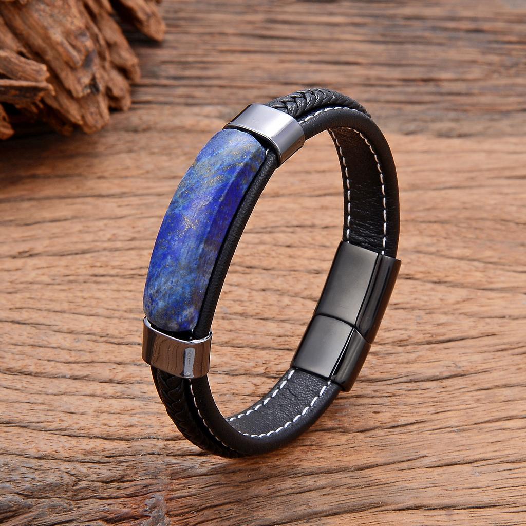 Natural Hematite Pink Crystal Tiger Eye Stone Bracelets Men's Jewelry Braided Leather Handmade Male Bangles New In