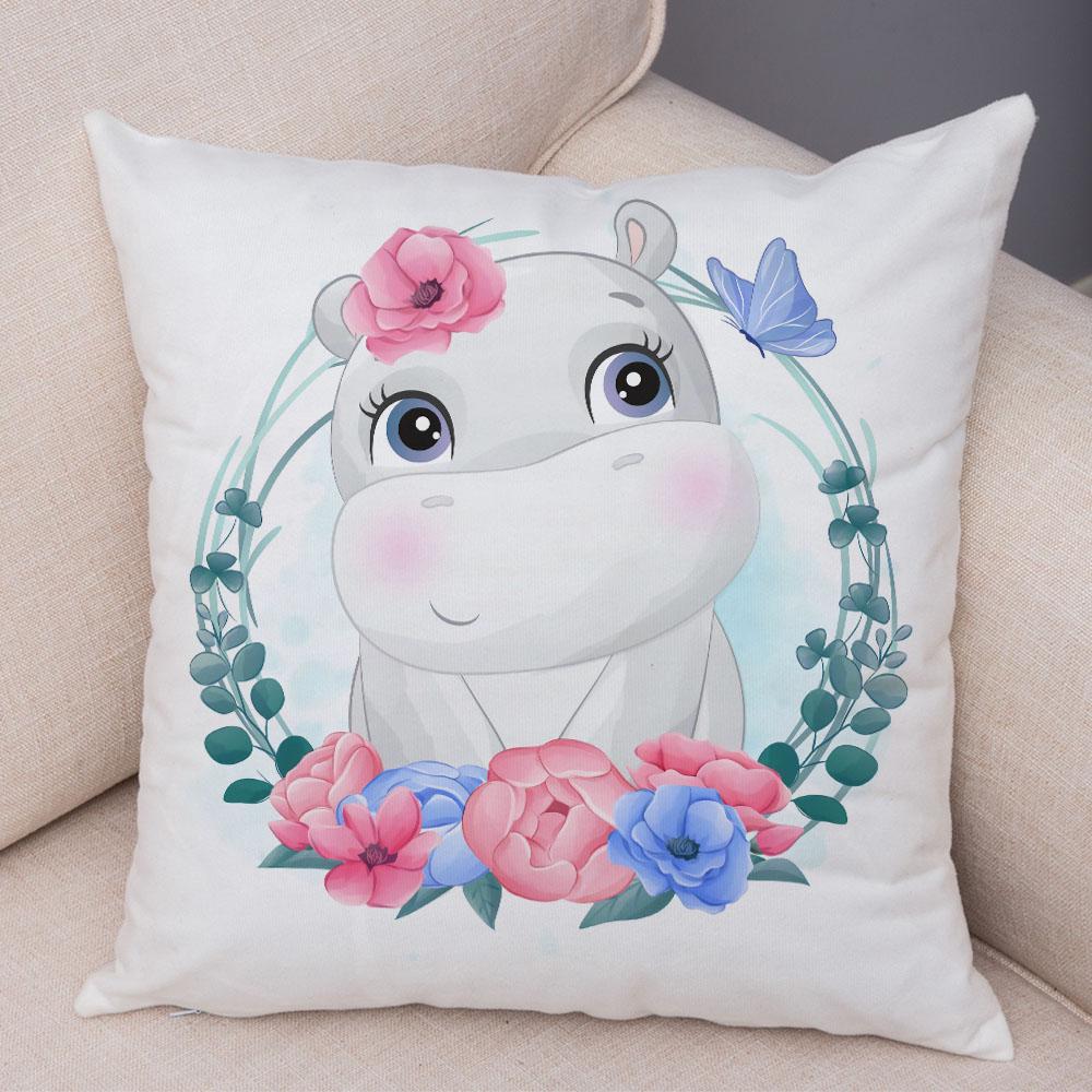 Cartoon Bird and Leaves Pillow Case Decor Cute Animal Lion Cushion Cover for Children Room Sofa Home Plush Pillowcase 45x45cm
