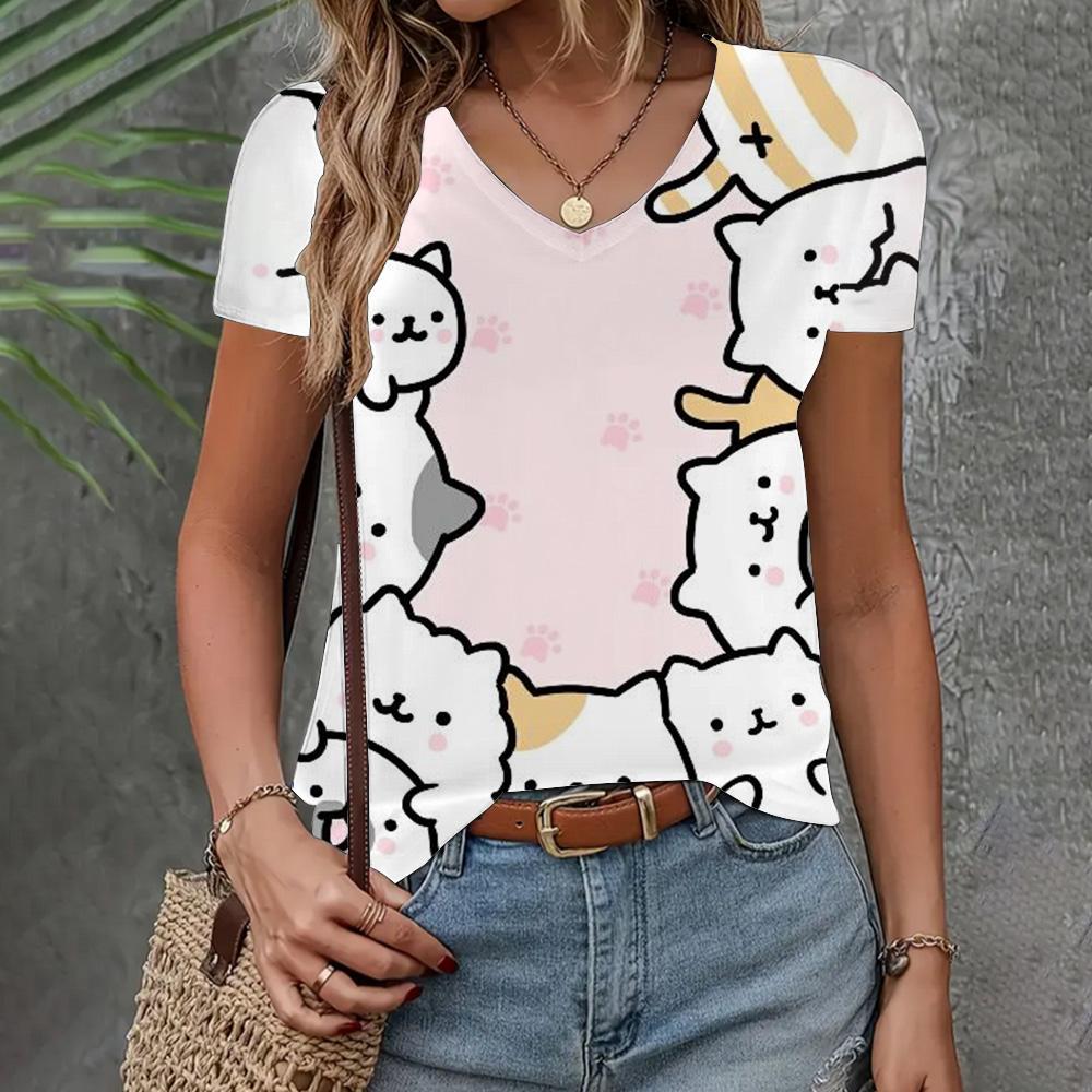 Women's Clothing T-shirt New V-neck Short Sleeve Cat Pattern Fashion Top Summer Loose And Breathable Clothing Women's T-shirt