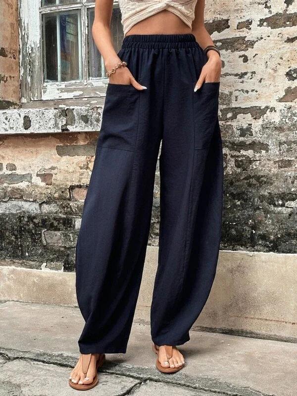 Women's Solid Color Casual Pants with Pockets and Elastic Waist.