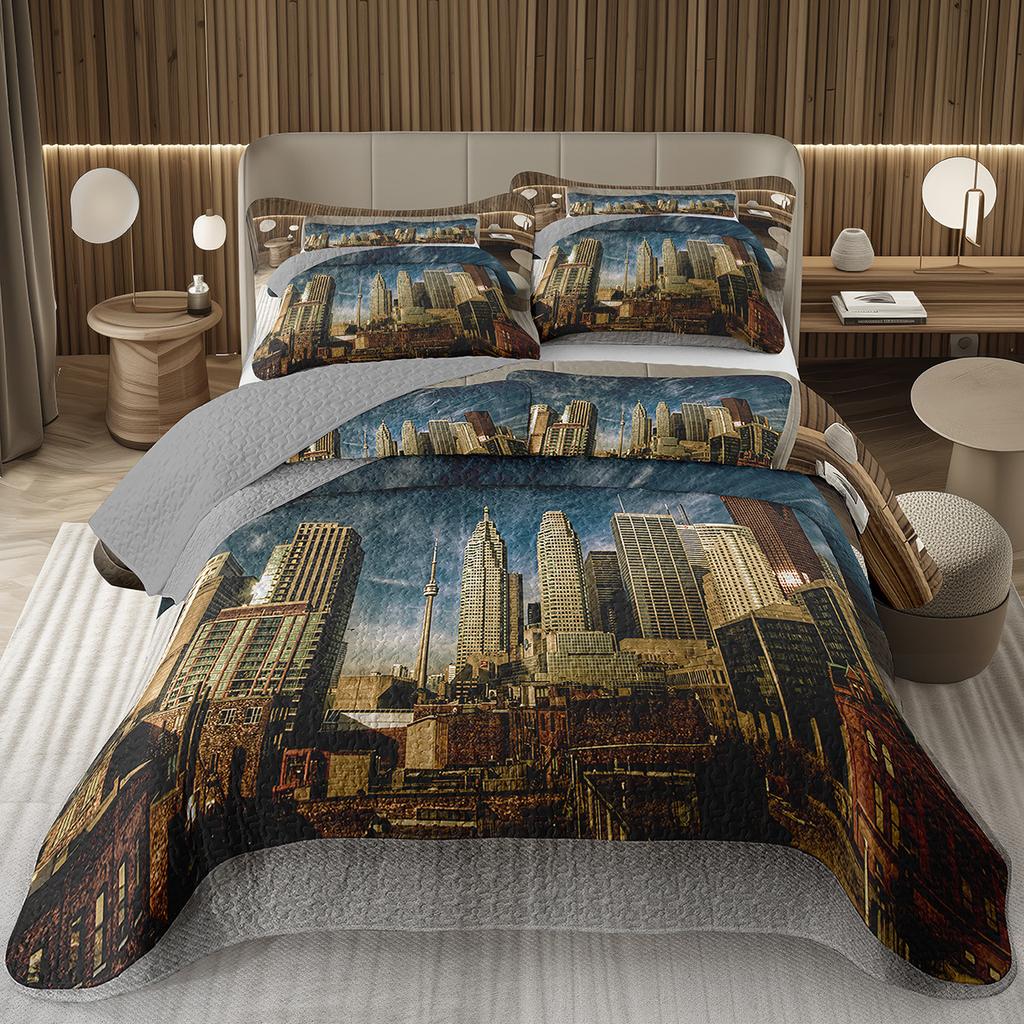 City Landscape Quilted Bedspread Set Cityscape Artwork Queen Bedding Set Colorful River Business District Coverlet For Girls Man
