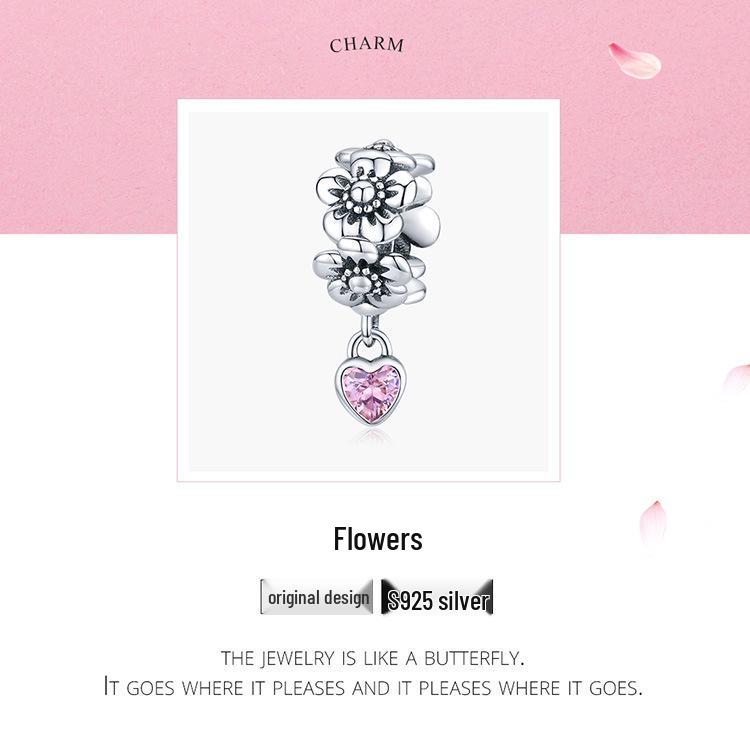 Original DIY Pink Flower S925 Silver Beaded Bracelet Jewelry Accessory SCC1485