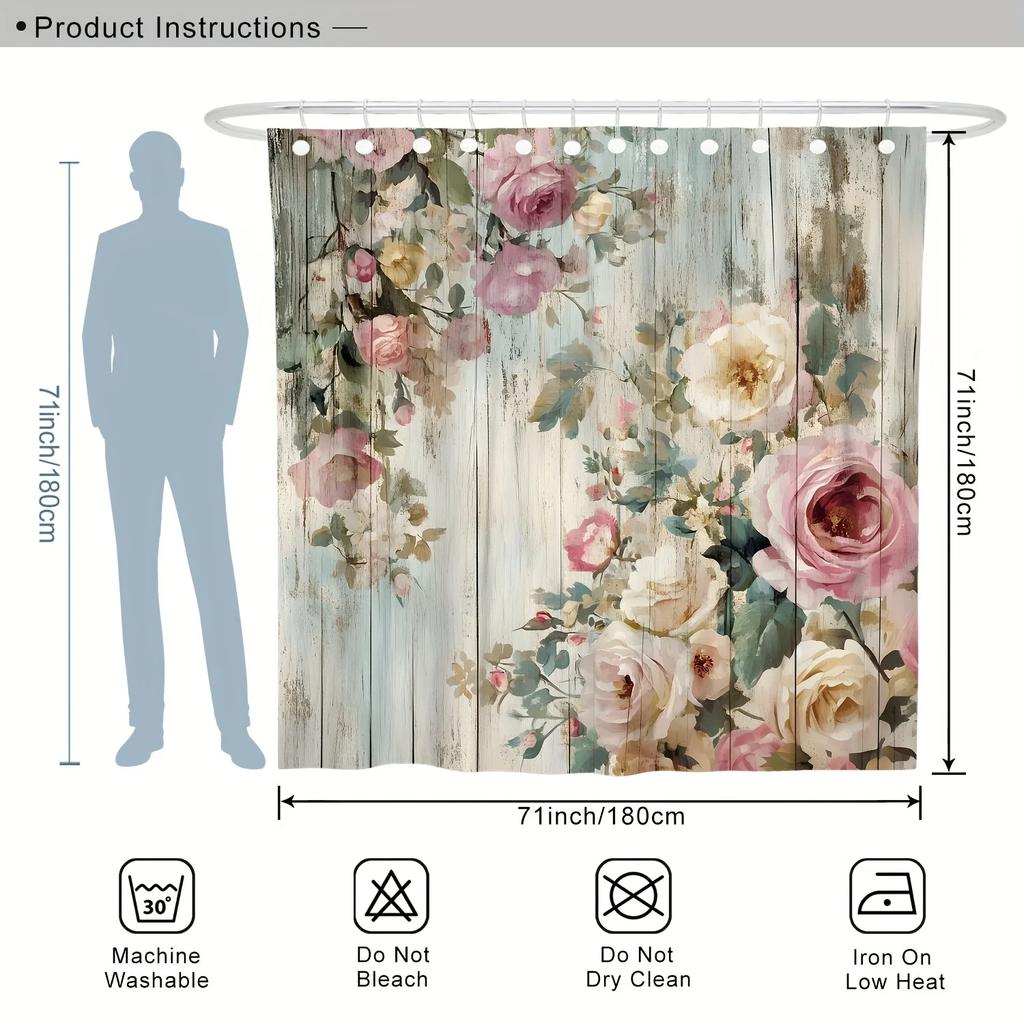 1pc Shower Curtain - Vintage Roses On Rustic Wood Background Design for a Charming Bathroom Waterproof
