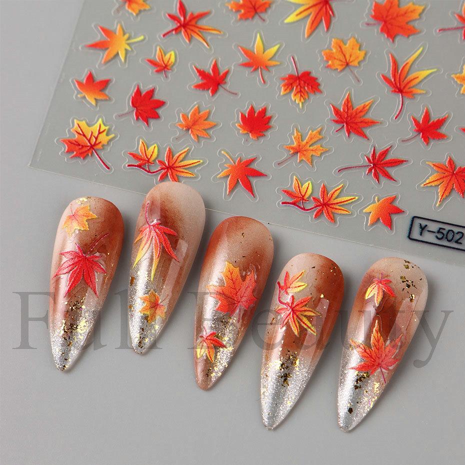 Nail Art Sticker Cartoon Autumn Thanksgiving Orange Red Gradient Maple Leaf Nail Sticker Decoration