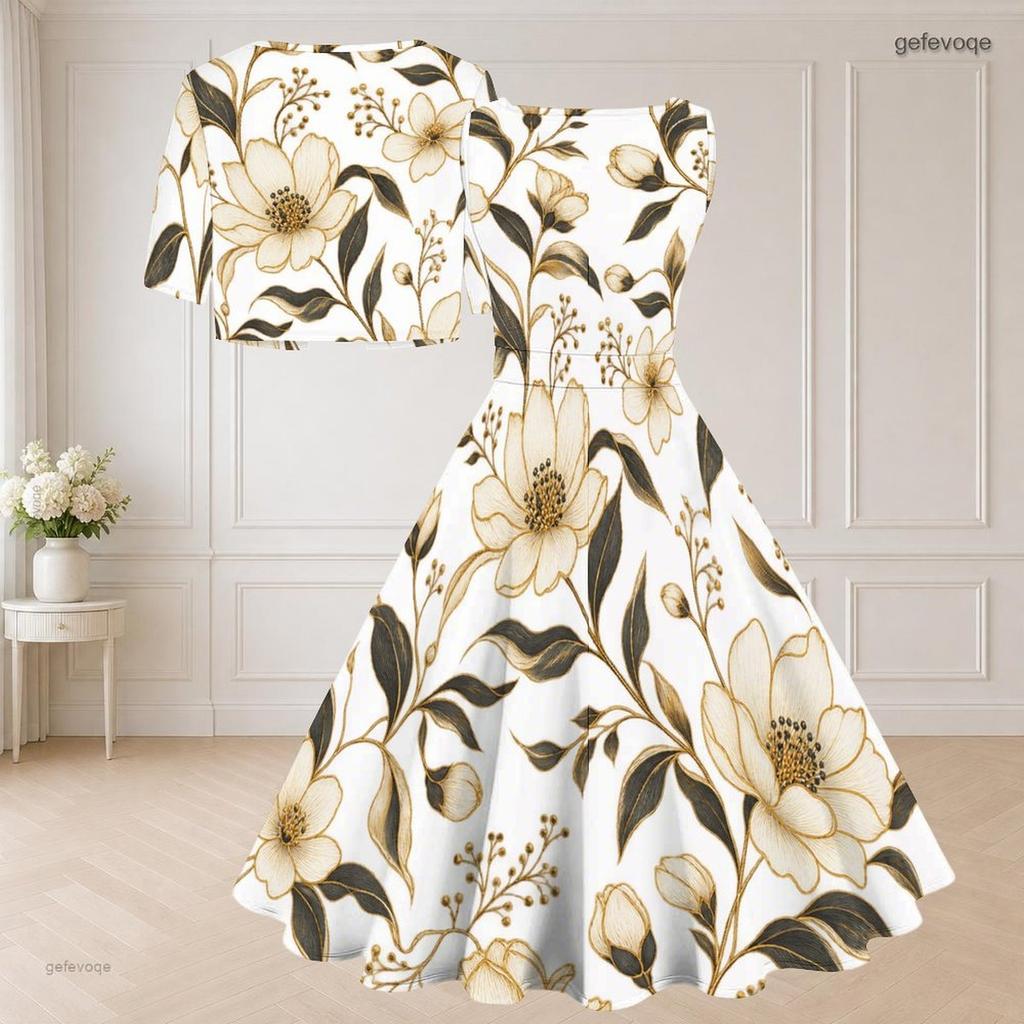 Women Plus Size Floral Printed Two Piece Set Square Neck Sleeveless Tie Waist Flared Dress Short Sleeve Cropped Shrug