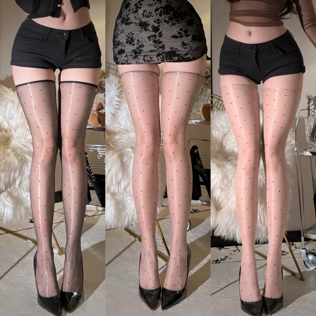 1 Pair/3 Pairs 1D Ultra-Thin Summer Elastic Stockings Sweet Polka Dot Sheer Stockings Oil Glossy No Edge Details Cosplay Hosiery