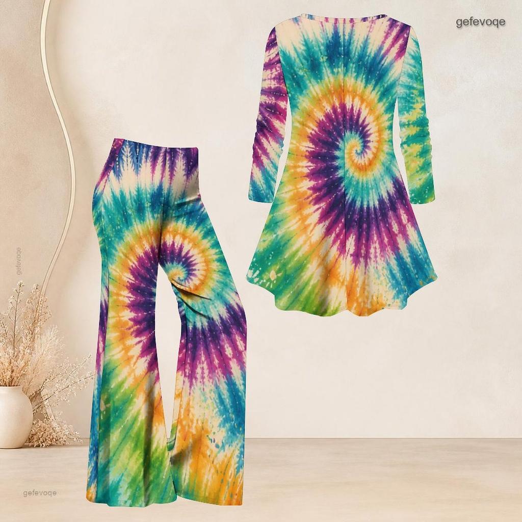 Women Plus Size V Neck Three Quarter Sleeve Colorful Printed Flared Top And Flared Pants Two Piece Set
